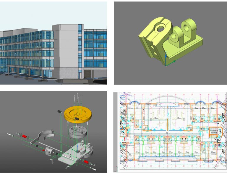 Et sammensatt bilde med fire seksjoner som viser ulike aspekter av BricsCAD-programvaren: Profesjonell CAD med fokus på BIM (Bygningsinformasjonsmodellering), mekanisk design (Mechanical), og anleggsteknikk (Civil). Bildet illustrerer funksjonalitet og verktøy for design og modellering innen disse områdene.