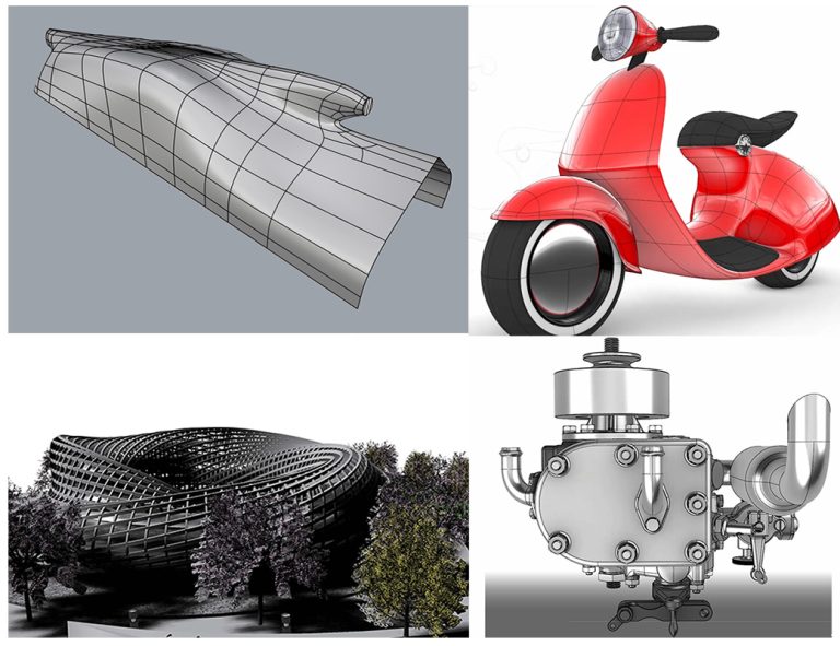 Fire bilder som viser avansert 3D-modellering i Rhino.